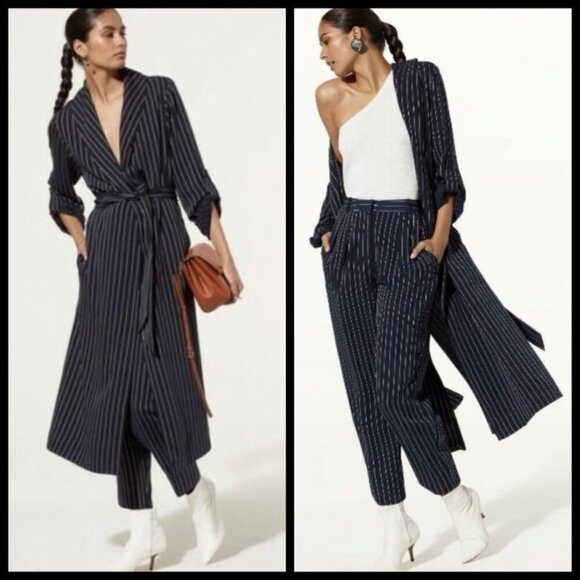 ARITZIA BABATON Kahlo Robe Coat Jacket Navy Blue Pinstripe - Picture 1 of 12